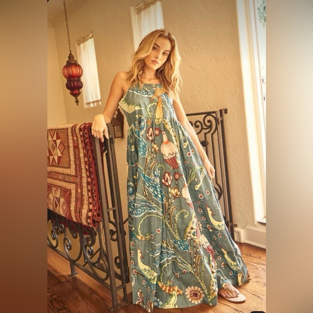 Guadalupe Tibet Tropical Birds Floral Maxi Dress